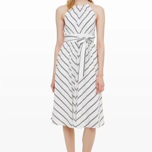 Club Monaco Striped Halter Midi Dress with Waist Tie - White/Black